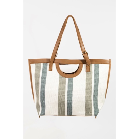 SOLD OUT Green Striped Faux Leather Trim Tote Bag - Picture 2 of 4